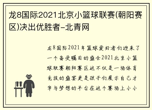 龙8国际2021北京小篮球联赛(朝阳赛区)决出优胜者-北青网