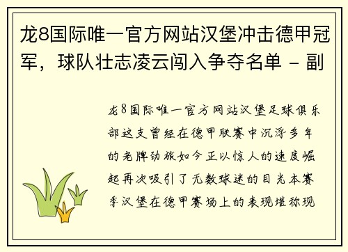 龙8国际唯一官方网站汉堡冲击德甲冠军，球队壮志凌云闯入争夺名单 - 副本