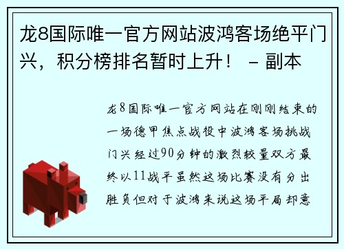 龙8国际唯一官方网站波鸿客场绝平门兴，积分榜排名暂时上升！ - 副本