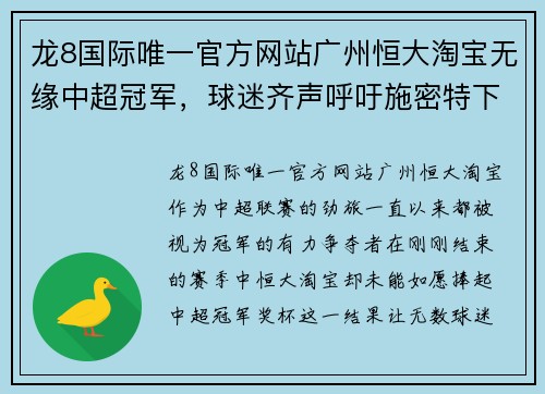 龙8国际唯一官方网站广州恒大淘宝无缘中超冠军，球迷齐声呼吁施密特下课